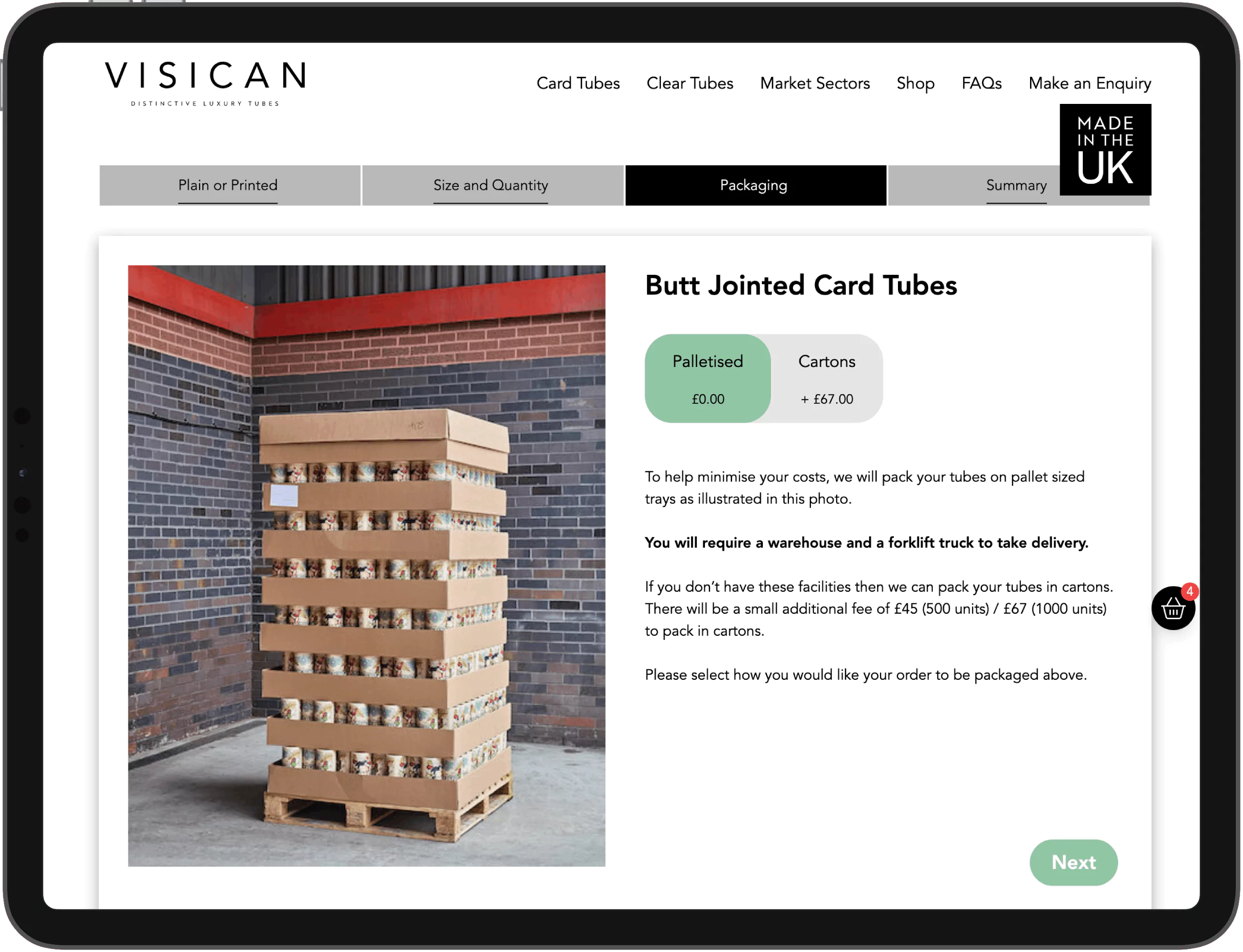 A screenshot of Visican's online shop packaging stage, where a user can select palletised or cartons.